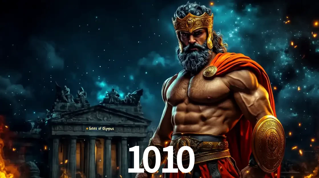 O poderoso Zeus do jogo de slot Gates of Olympus em frente ao seu templo, pronto para lançar multiplicadores divinos e prêmios épicos no cassino online 1010.