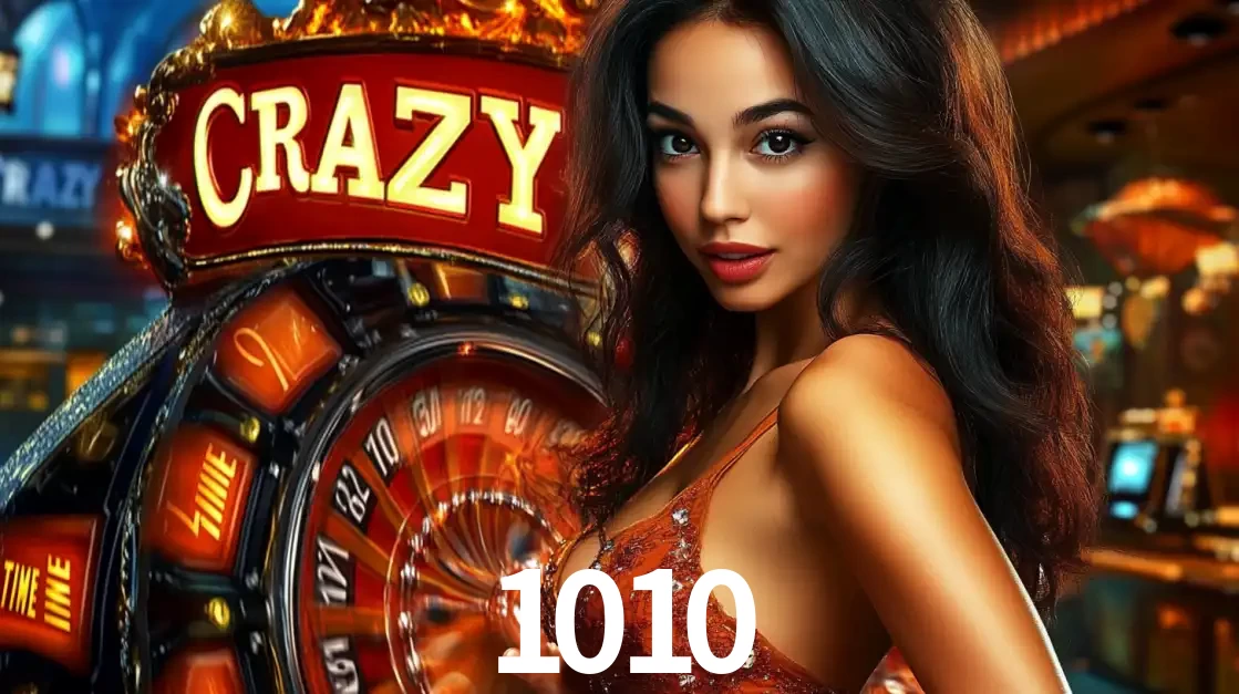 Mulher glamourosa olhando para a câmera com a roda vermelha do Crazy Time ao fundo em um ambiente de cassino, destacando a emoção dos jogos ao vivo no 1010.