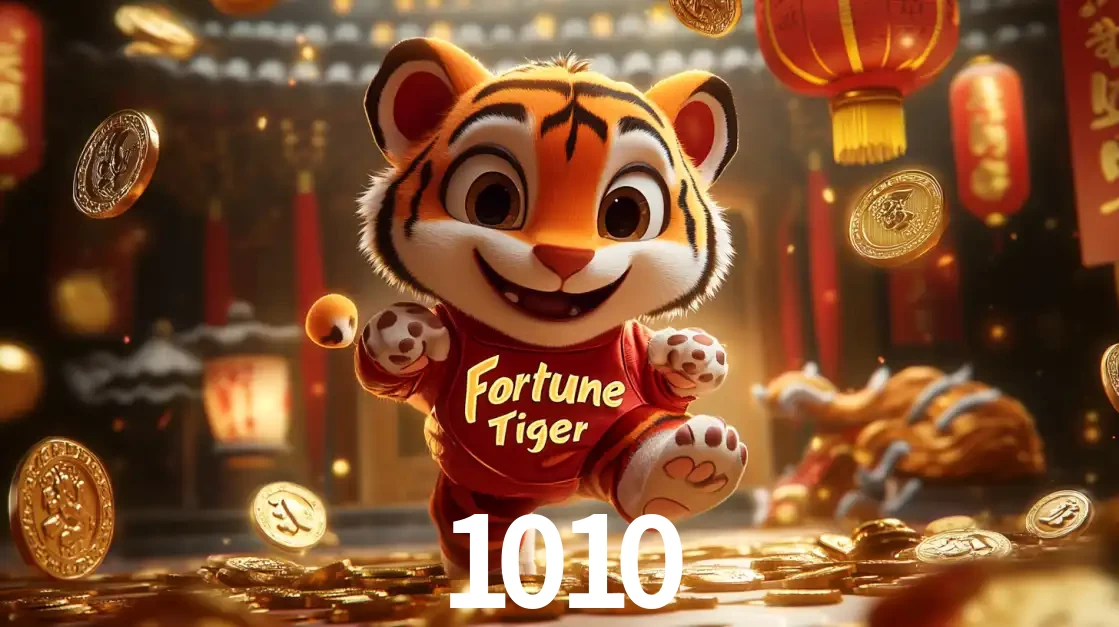O alegre personagem do Fortune Tiger correndo sobre um caminho de moedas de ouro, simbolizando os grandes prêmios e a diversão do popular jogo de slot do 1010.