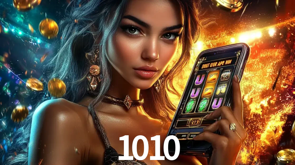 Mulher elegante mostrando um jogo de caça-níqueis em seu smartphone, destacando a experiência de cassino móvel oferecida pelo aplicativo 1010.